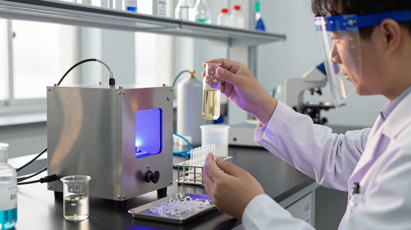 Wissenschaftler im Labor untersucht eine Flüssigkeit in einem Reagenzglas neben einem Gerät, trägt Schutzbrille und Kittel.