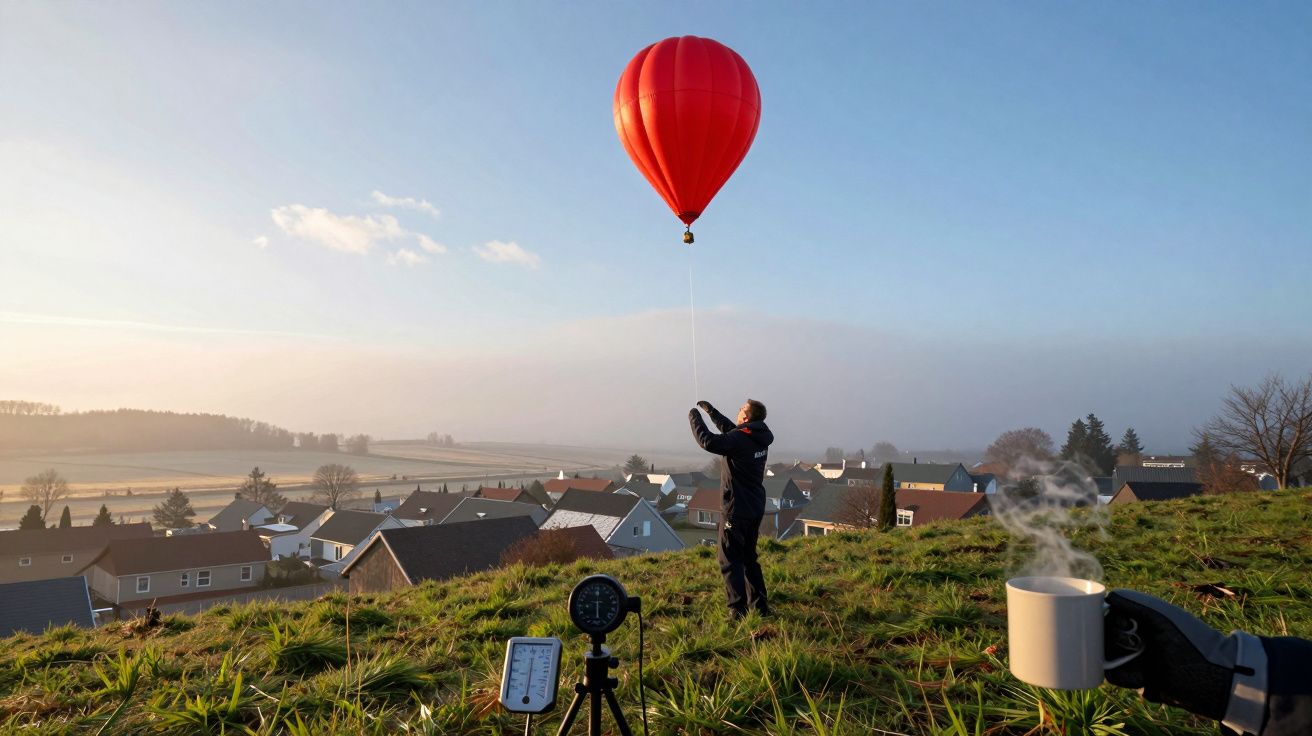 Mensch auf Hügel hält roten Ballon, Häuser im Hintergrund, dampfende Tasse vorne, sonniger Morgenhimmel.