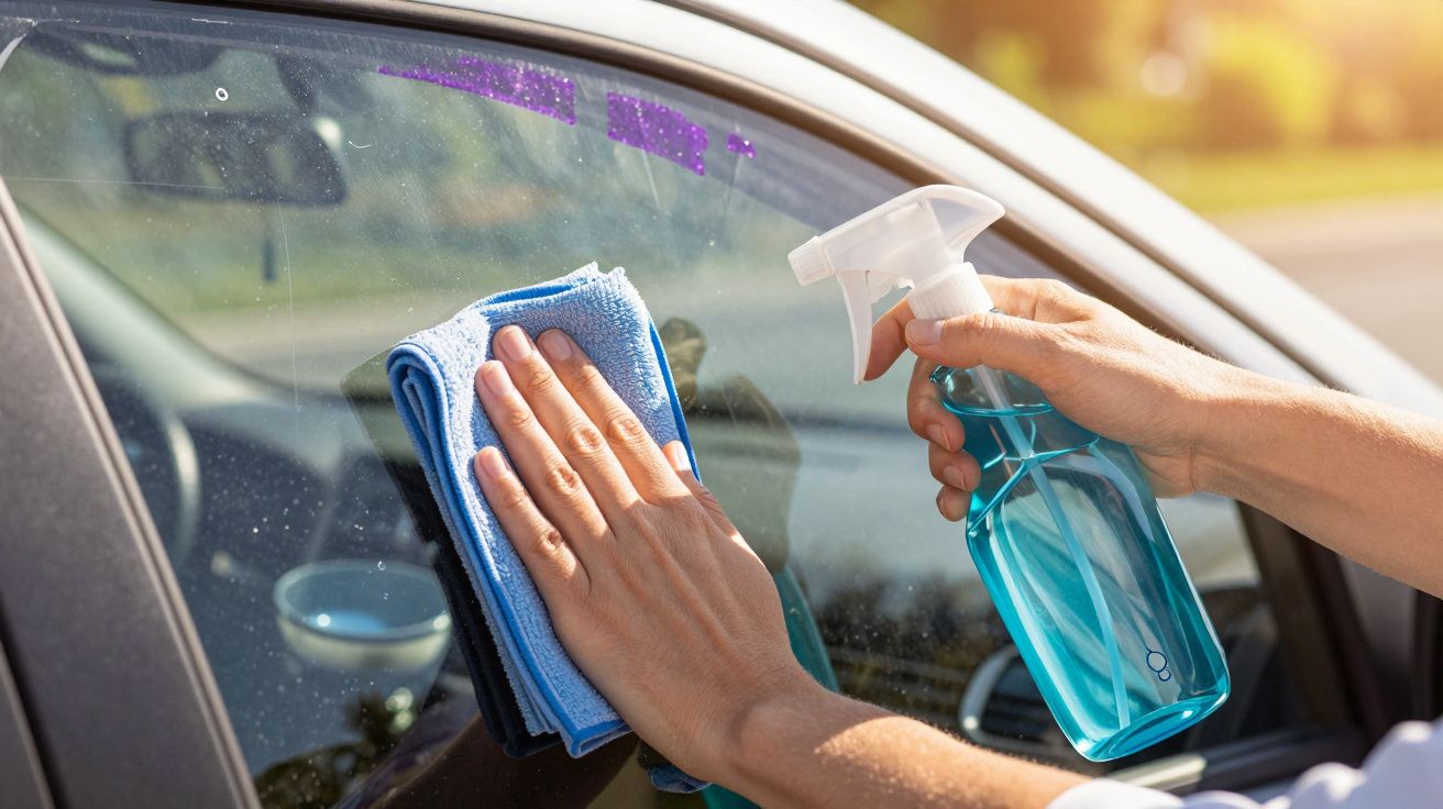 Hände reinigen eine Autoscheibe mit einem blauen Tuch und einer Sprühflasche mit Reinigungsmittel im Sonnenlicht.