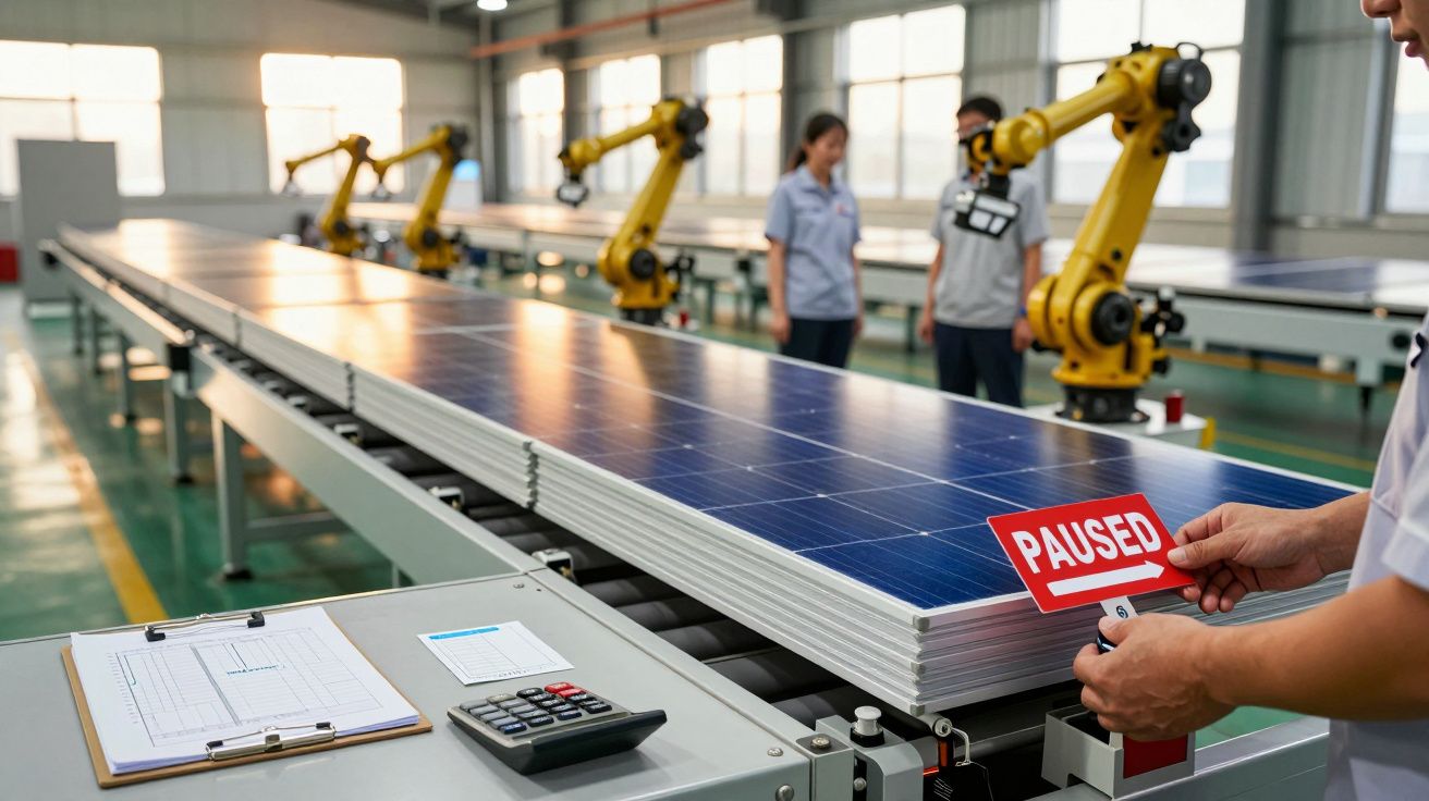 Produktionslinie für Solarpanels mit Robotern und "Paused"-Schild; Personen arbeiten im Hintergrund.