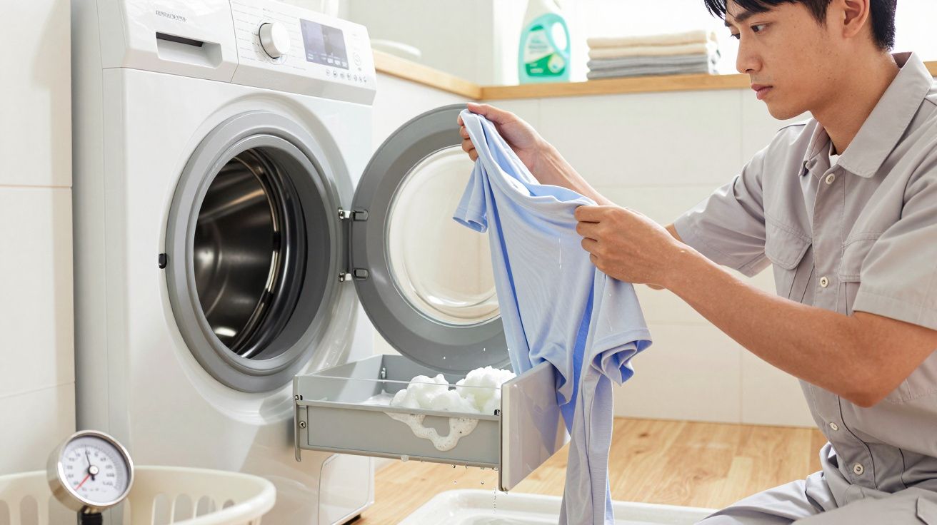 Mann hält ein blaues Hemd vor einer Waschmaschine, während er Waschmittel in die Schublade füllt.