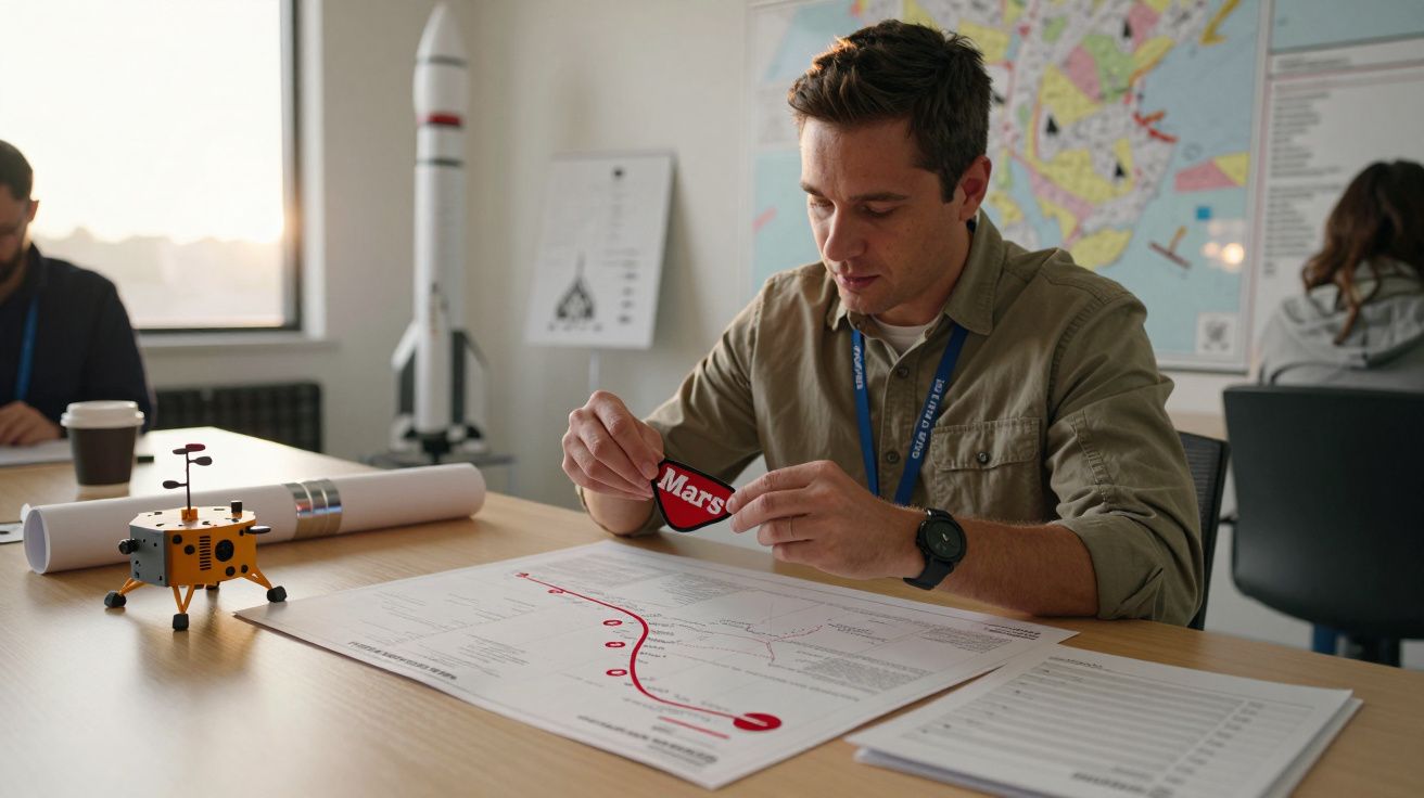 Mann am Tisch mit Mars-Projektunterlagen, kleinem Roboter und Raketenmodell im Hintergrund.
