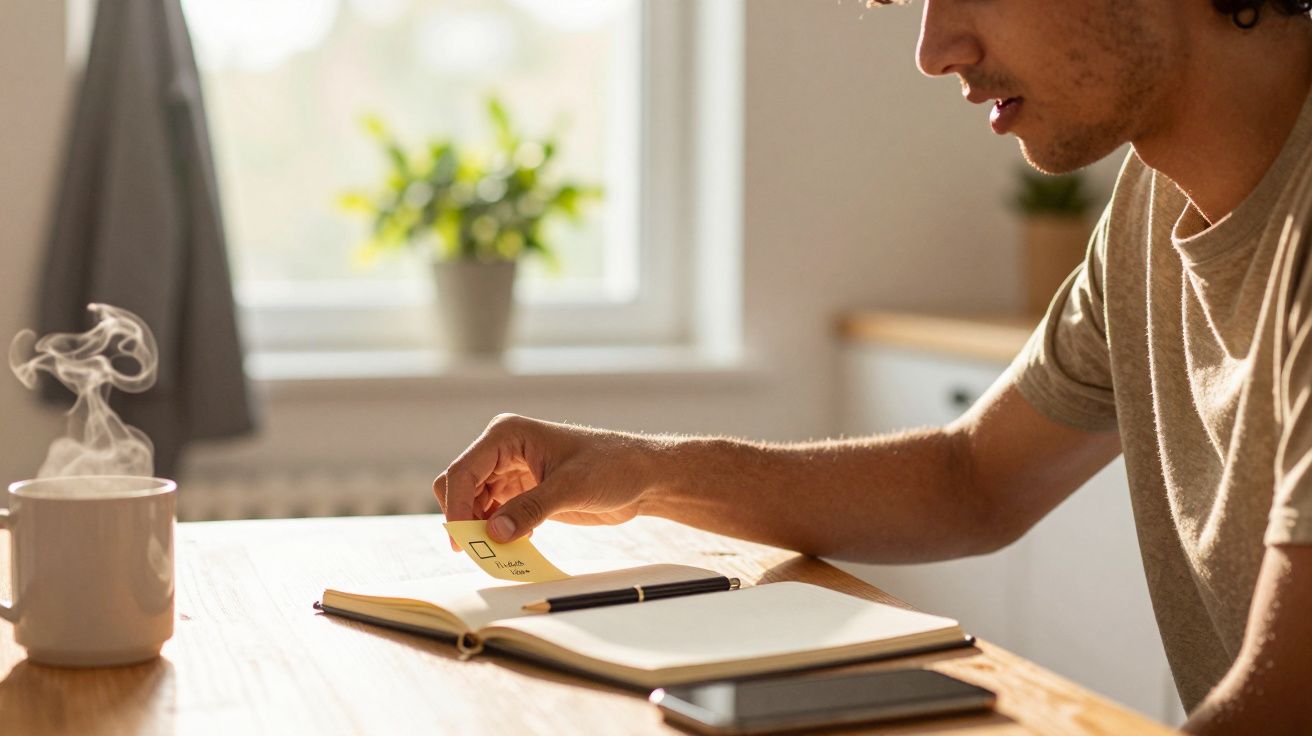 Person in einem hellen Raum, die an einem Tisch sitzt, Notizen in ein Buch schreibt, mit einer Tasse Kaffee daneben.