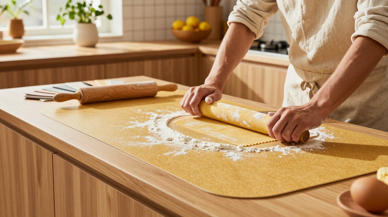 Person rollt Teig auf bemehltem Küchentisch aus, im Hintergrund Kochutensilien und Zitronen.
