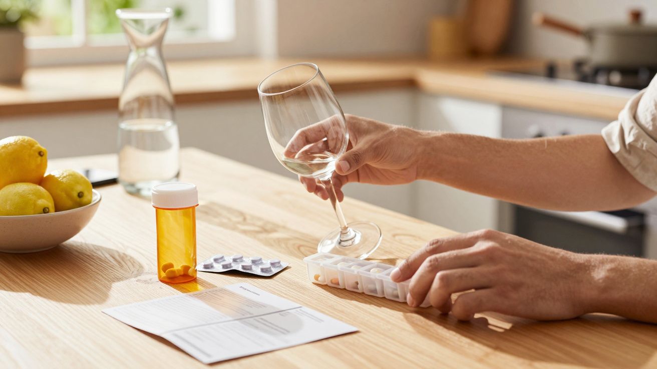 Person an Küchentisch mit Medikamenten, hält ein leeres Weinglas, daneben Zitronen, Wasserflasche und Beipackzettel.