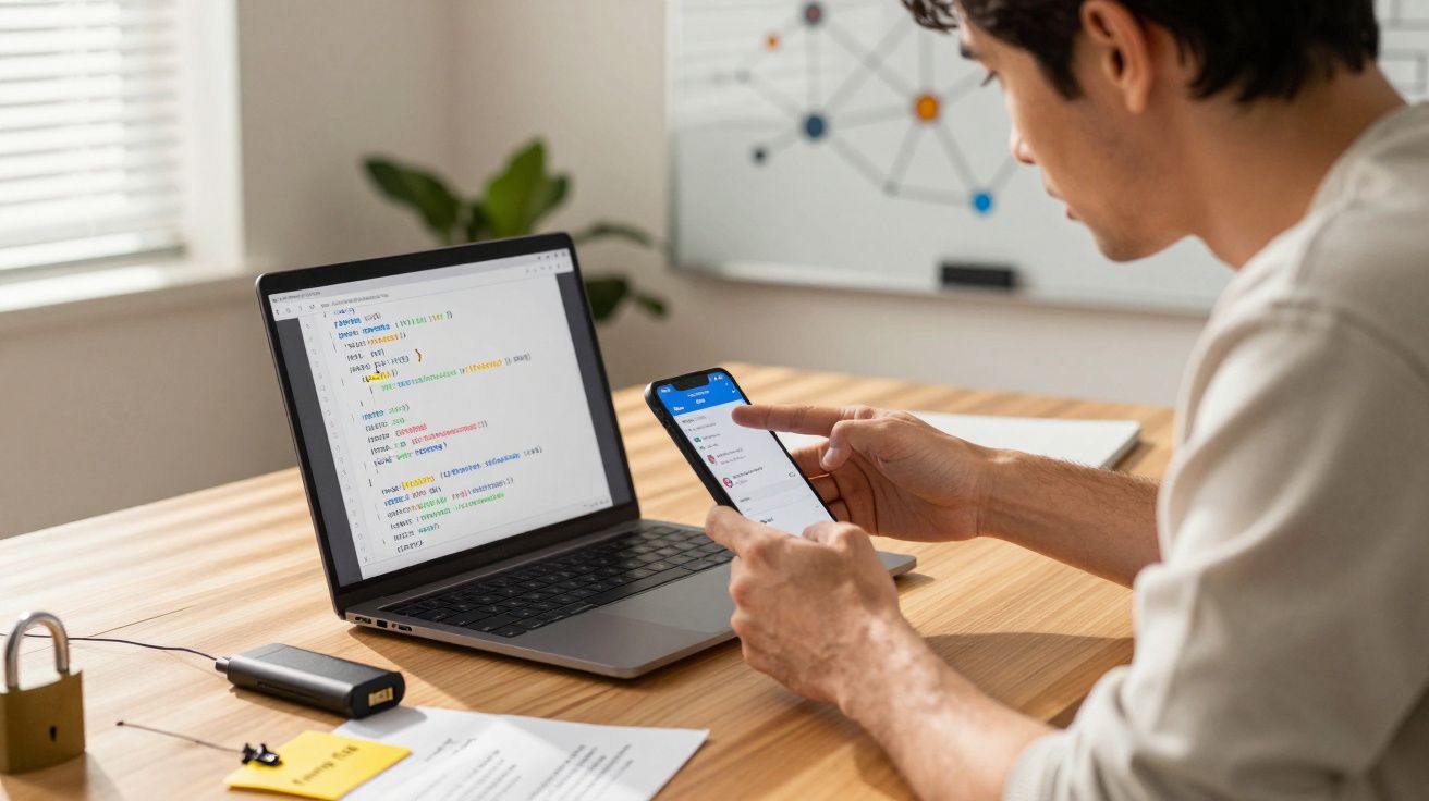 Mann arbeitet an einem Laptop mit Code, hält ein Smartphone in der Hand, sitzt an einem Schreibtisch mit Papieren und einem v