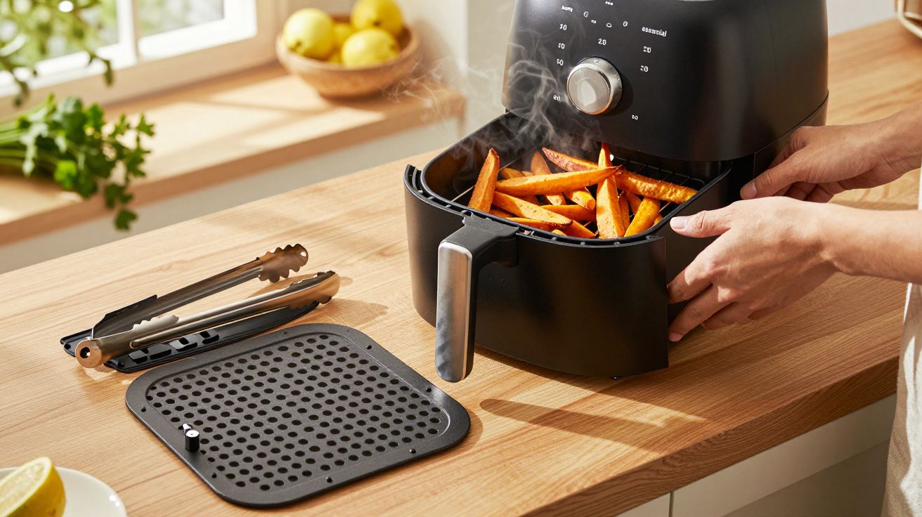 Person entnimmt Pommes aus einer Heißluftfritteuse auf einer Holzarbeitsplatte in einer Küche.