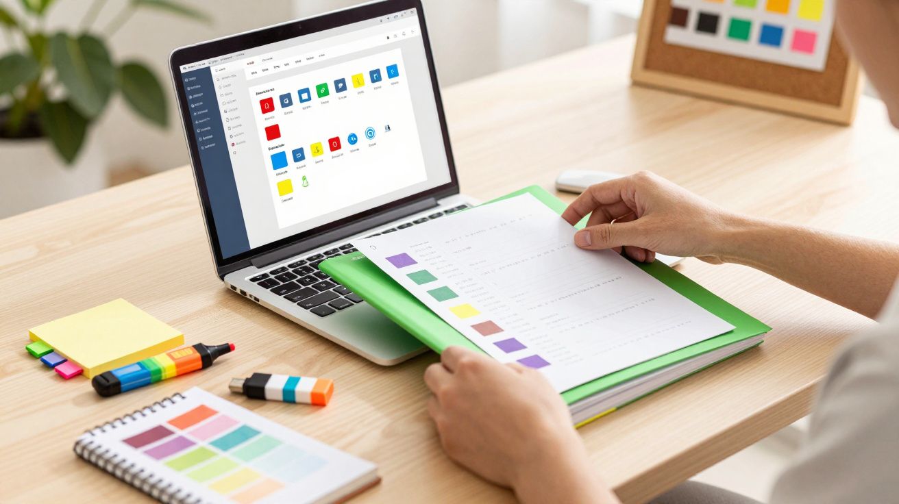 Person am Schreibtisch mit Laptop und Farbmustern, arbeitet an Designaufgaben.
