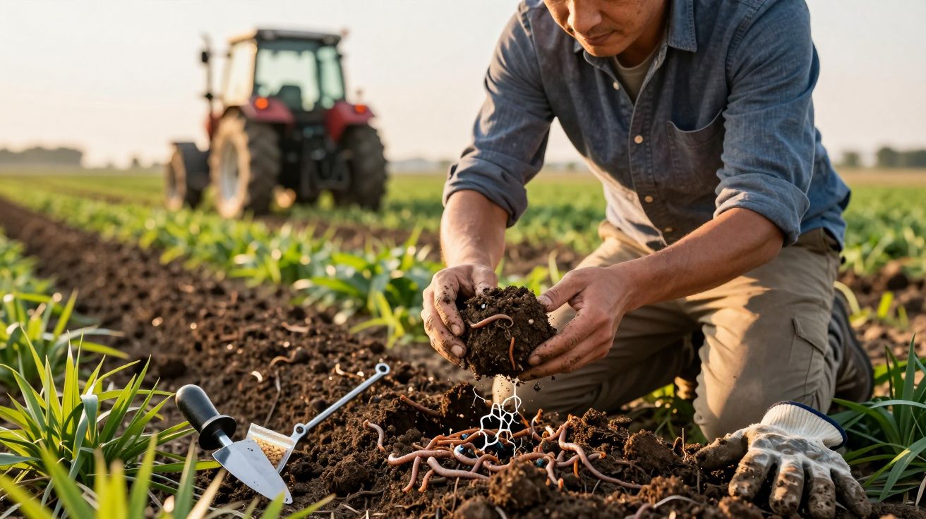 Ein Landwirt untersucht Erde und Regenwürmer auf einem Feld mit Traktor im Hintergrund.
