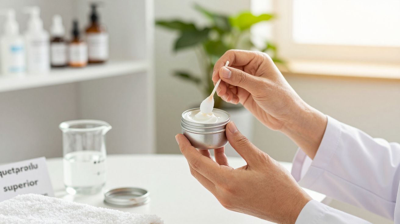 Person hält kleinen Metallbehälter mit Creme und einem Spatel. Im Hintergrund sind Flaschen und ein Handtuch zu sehen.