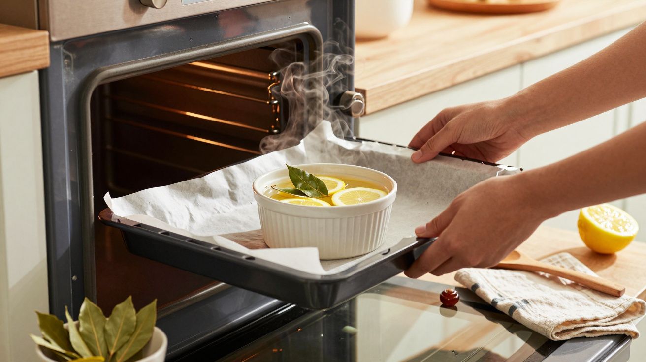 Person schiebt dampfende Schale mit Zitrone und Lorbeerblättern in den Ofen.