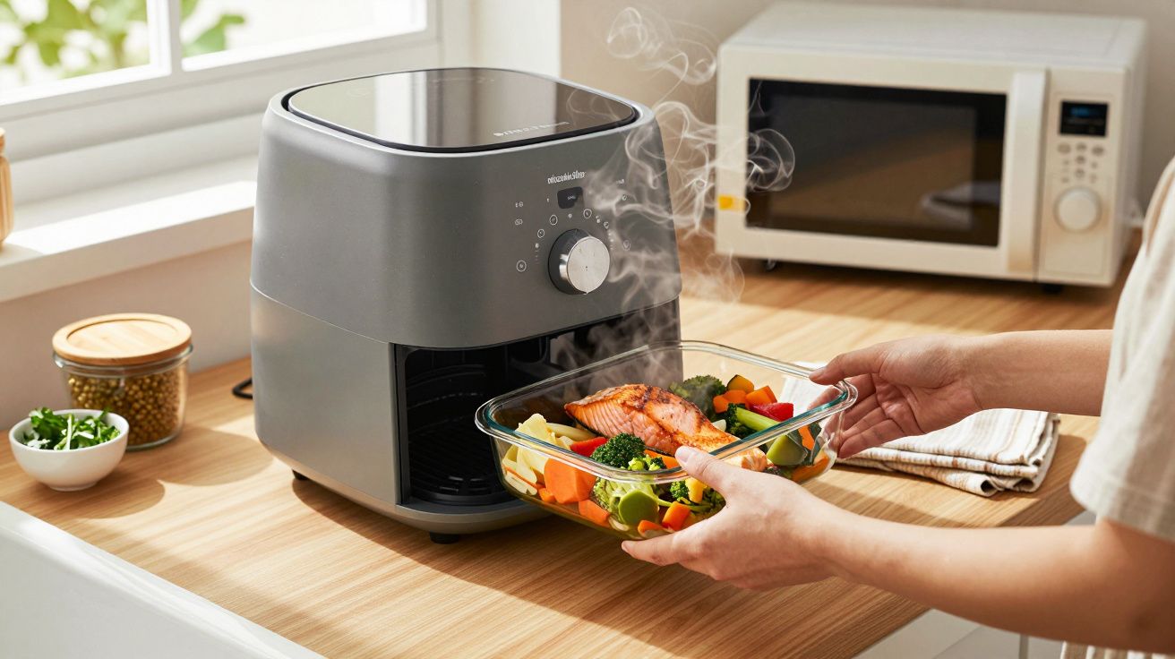 Person nimmt dampfende Schale mit Lachs und Gemüse aus einem grauen Airfryer, Küche im Hintergrund.