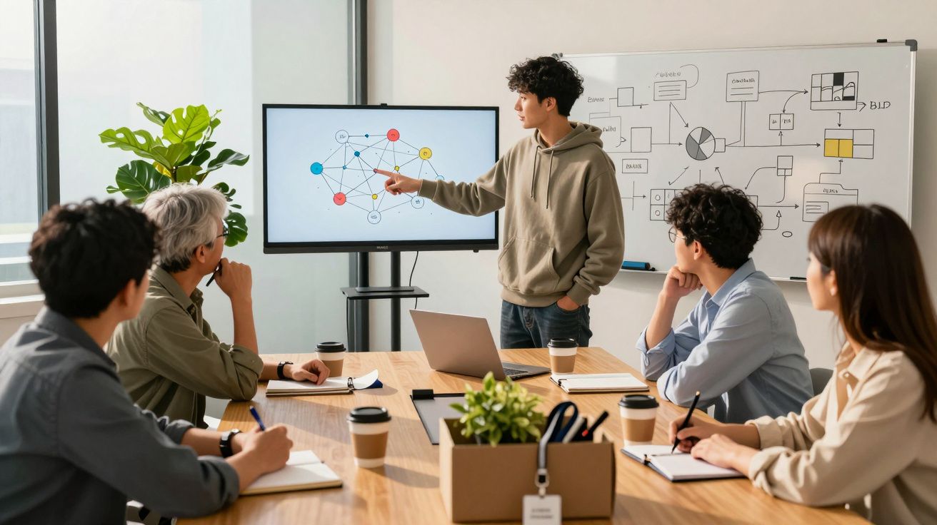 Mann präsentiert ein Diagramm auf einem Bildschirm in einem Konferenzraum, umringt von vier Personen an einem Tisch.
