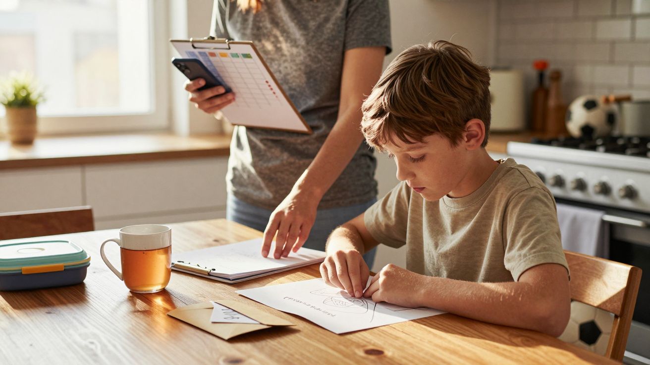 Junge zeichnet am Tisch, während eine Person in der Nähe einen Plan auf einem Klemmbrett überprüft.