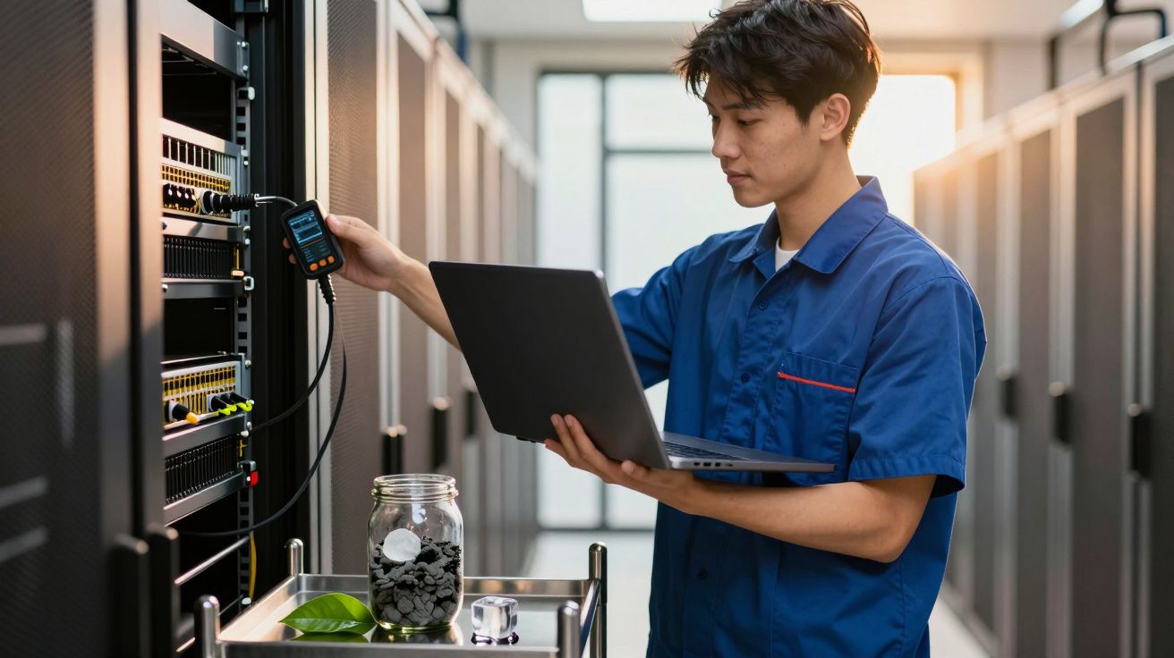 Ein Techniker im blauen Shirt arbeitet mit Laptop in einem Serverraum, Messgerät in der Hand.