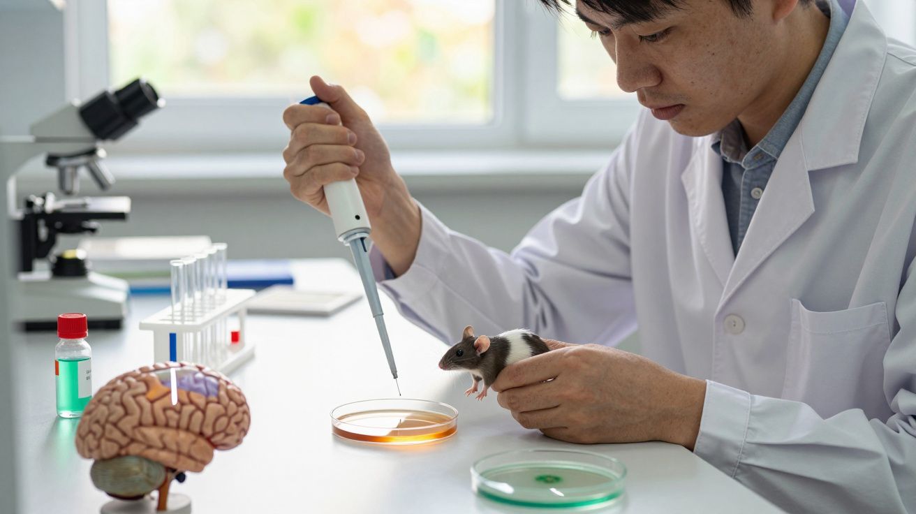 Forscher im Labor mit Ratte, Pipette und Petrischalen, Gehirnmodell im Hintergrund.