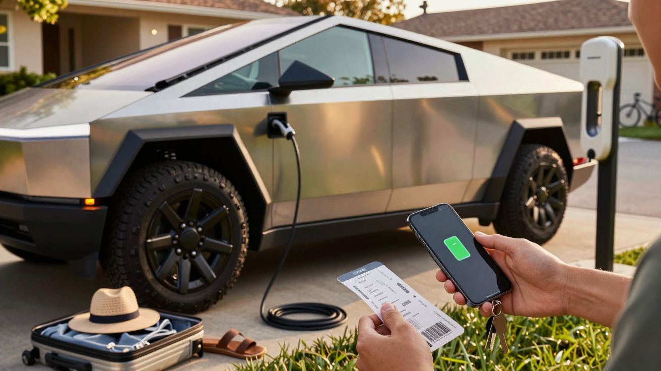 Elektroauto wird in einer Einfahrt geladen, während eine Person ein Smartphone und ein Ticket in den Händen hält.