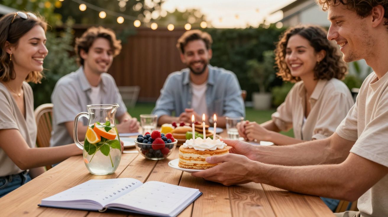 Fünf junge Erwachsene feiern draußen mit einem Geburtstagstisch, aus Kuchen mit Kerzen und frischem Obst bestehend.