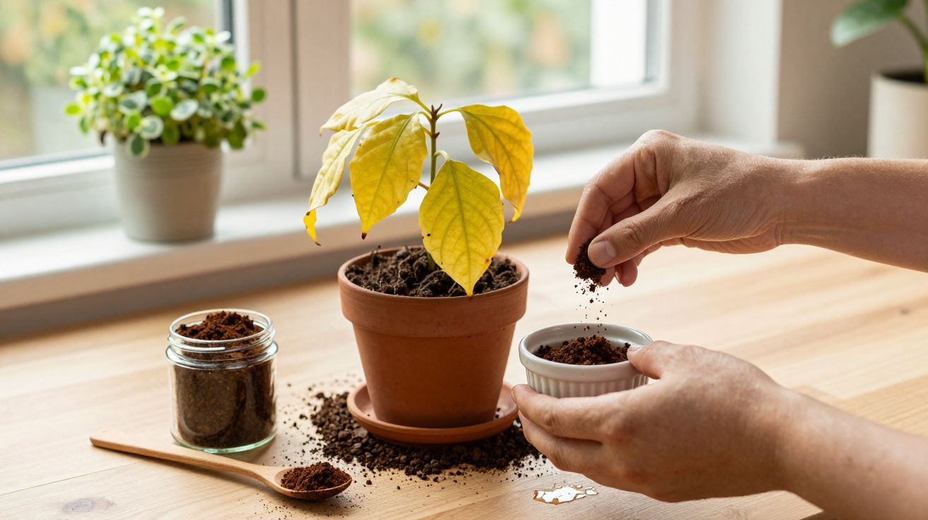 Hände fügen Erde in einen Blumentopf mit gelber Pflanze, daneben stehen Kaffeebehälter und Löffel auf Holztisch.
