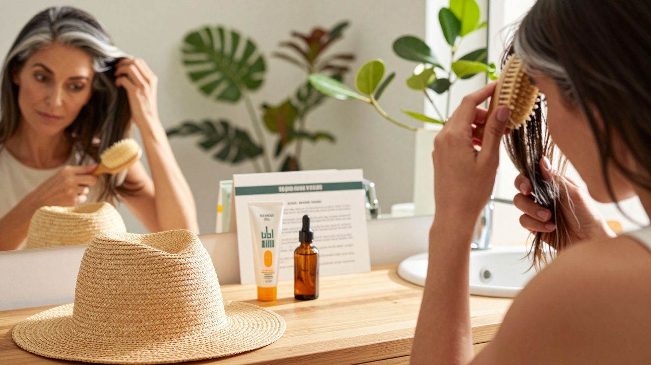 Frau kämmt Haare vor Spiegel, neben ihr ein Hut, Pflanzen und Pflegeprodukte auf der Ablage.