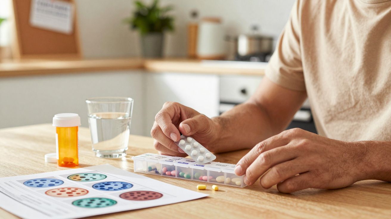 Mann ordnet Tabletten in einer Pillendose in der Küche, mit Wasser- und Medikamentenflasche auf dem Tisch.
