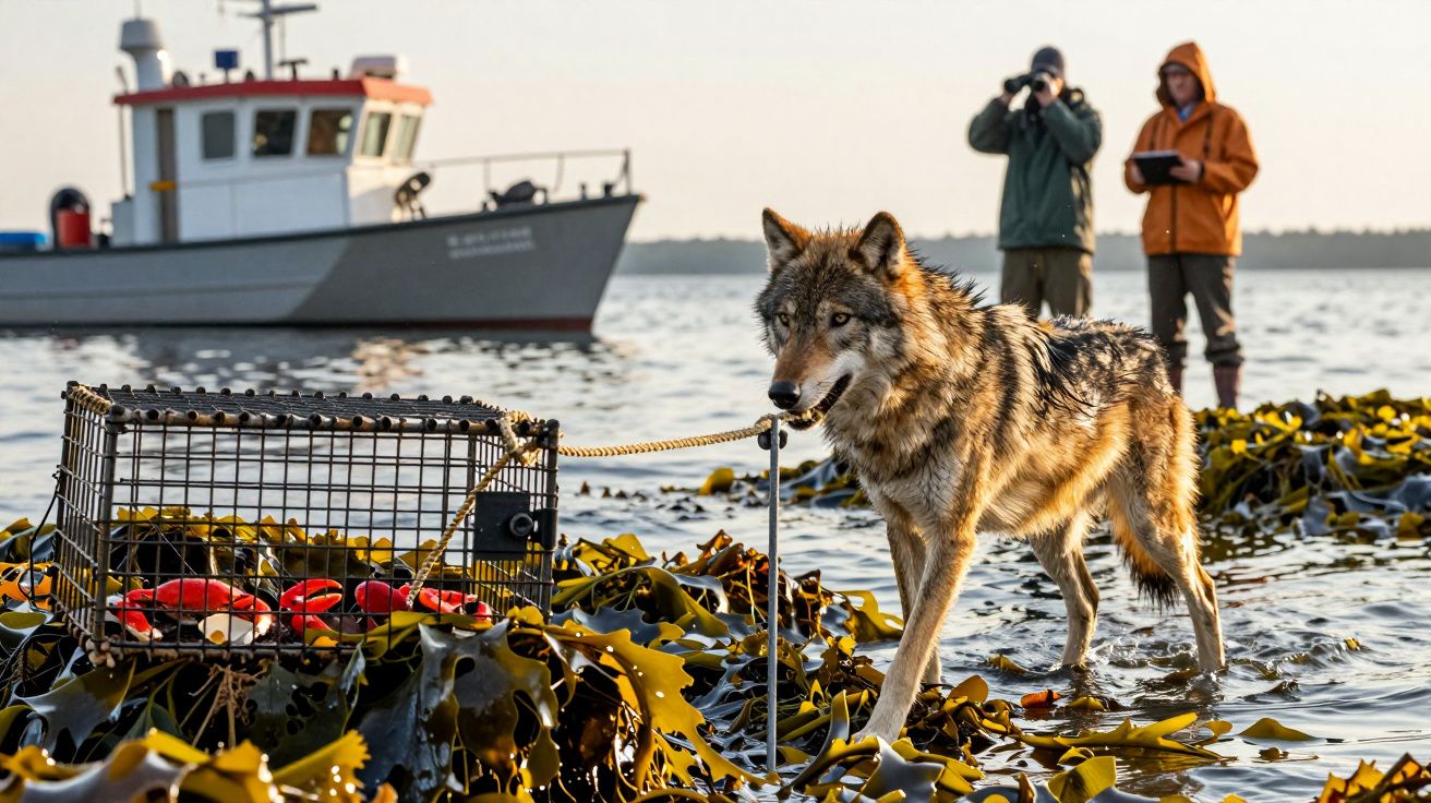 Wolf geht durch seichtes Wasser mit Seetang, Fischerboot im Hintergrund, zwei Personen beobachten.