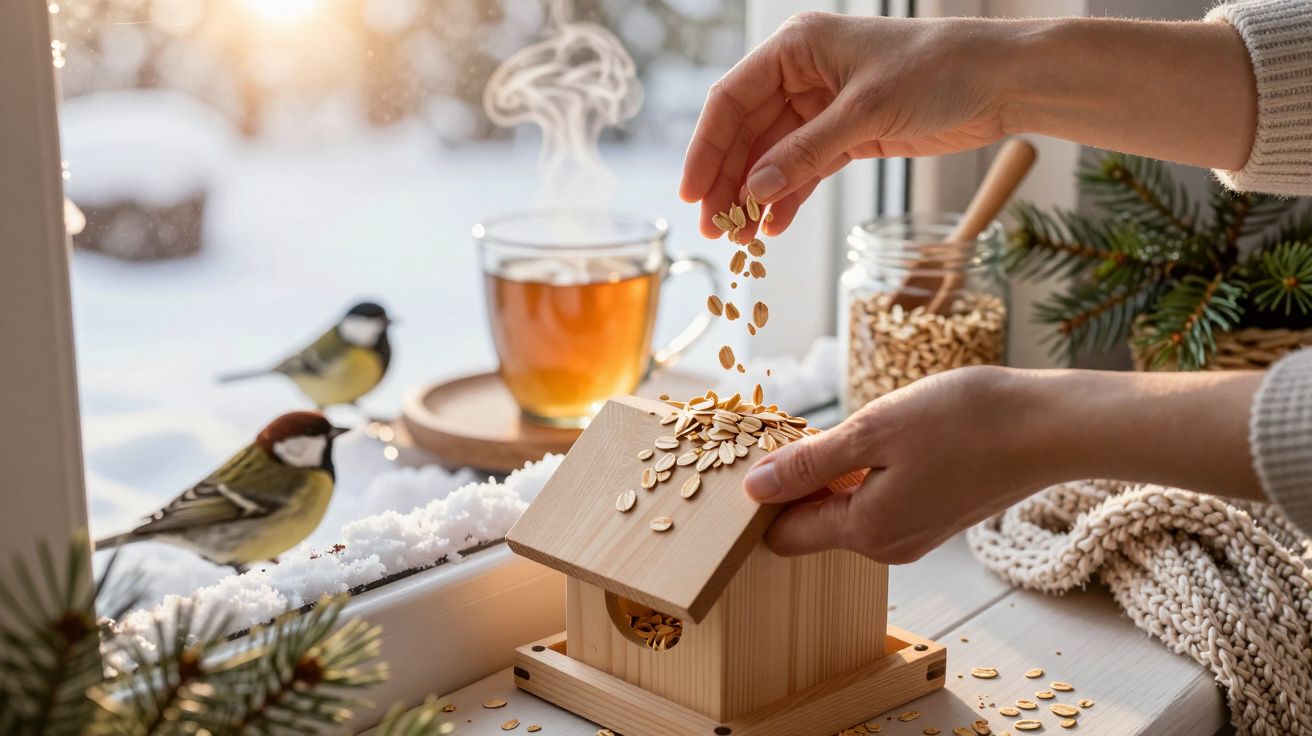 Eine Hand füllt ein Vogelhaus mit Samen, während im Hintergrund auf einem verschneiten Fensterbrett Vögel sitzen.