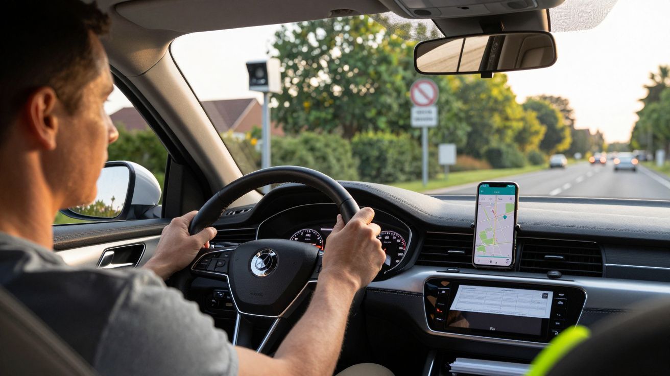 Mann fährt Auto mit Smartphone-Navigation auf Landstraße bei Sonnenuntergang.