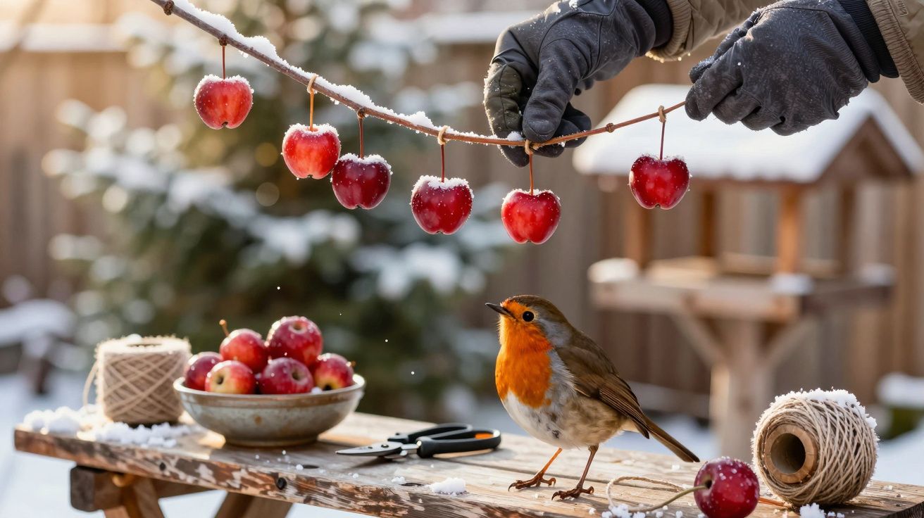 Rotkehlchen auf Tisch mit roten Äpfeln im Schnee, Hände hängen kleine Äpfel an Zweig, Vogelhaus im Hintergrund.