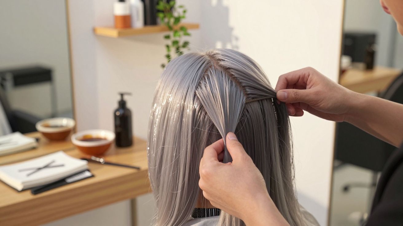 Gesamthaftansicht einer Person mit hellem Haar, das von einem Friseur in einem modernen Friseursalon gestylt wird.