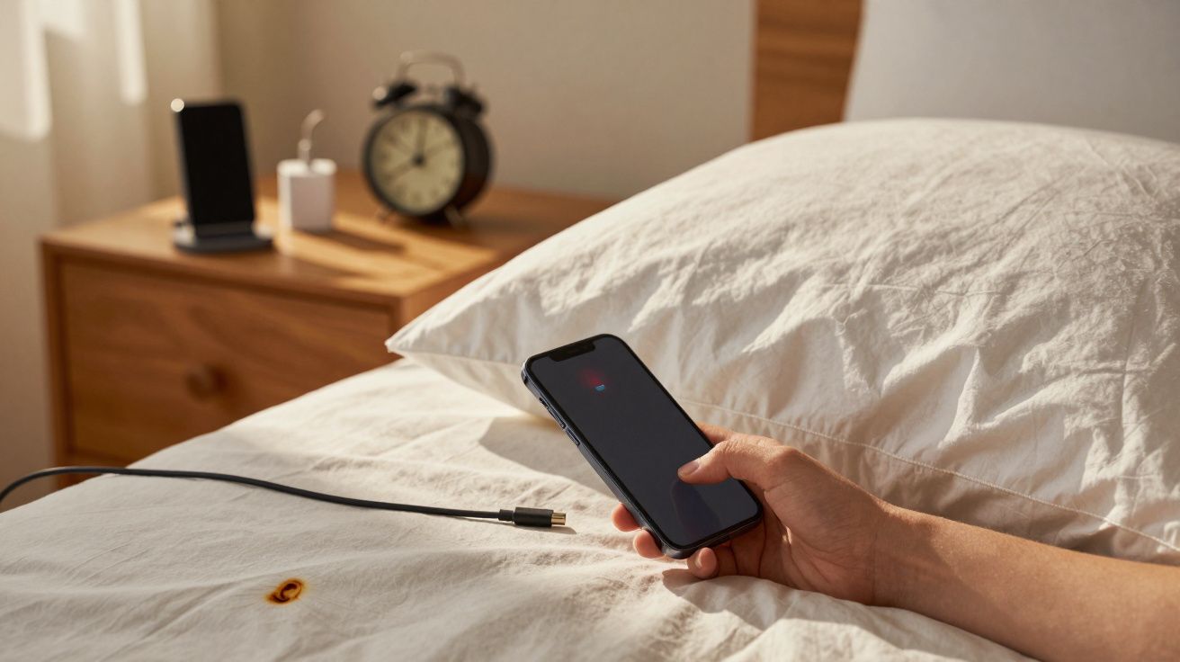 Hand hält Smartphone auf Bett, daneben Nachttisch mit Wecker und Ladegerät, Sonnenlicht fällt herein.