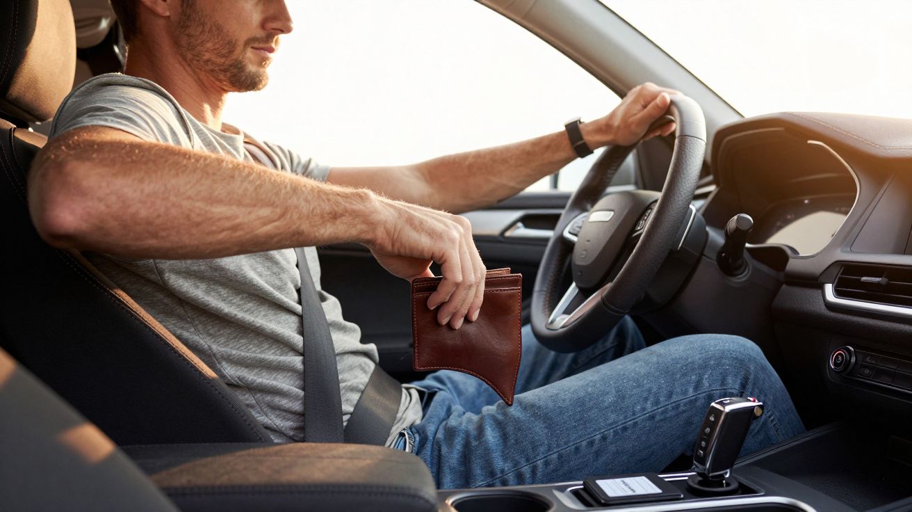 Ein Mann im Auto legt eine braune Brieftasche in das Handschuhfach, während er hinter dem Steuer sitzt.
