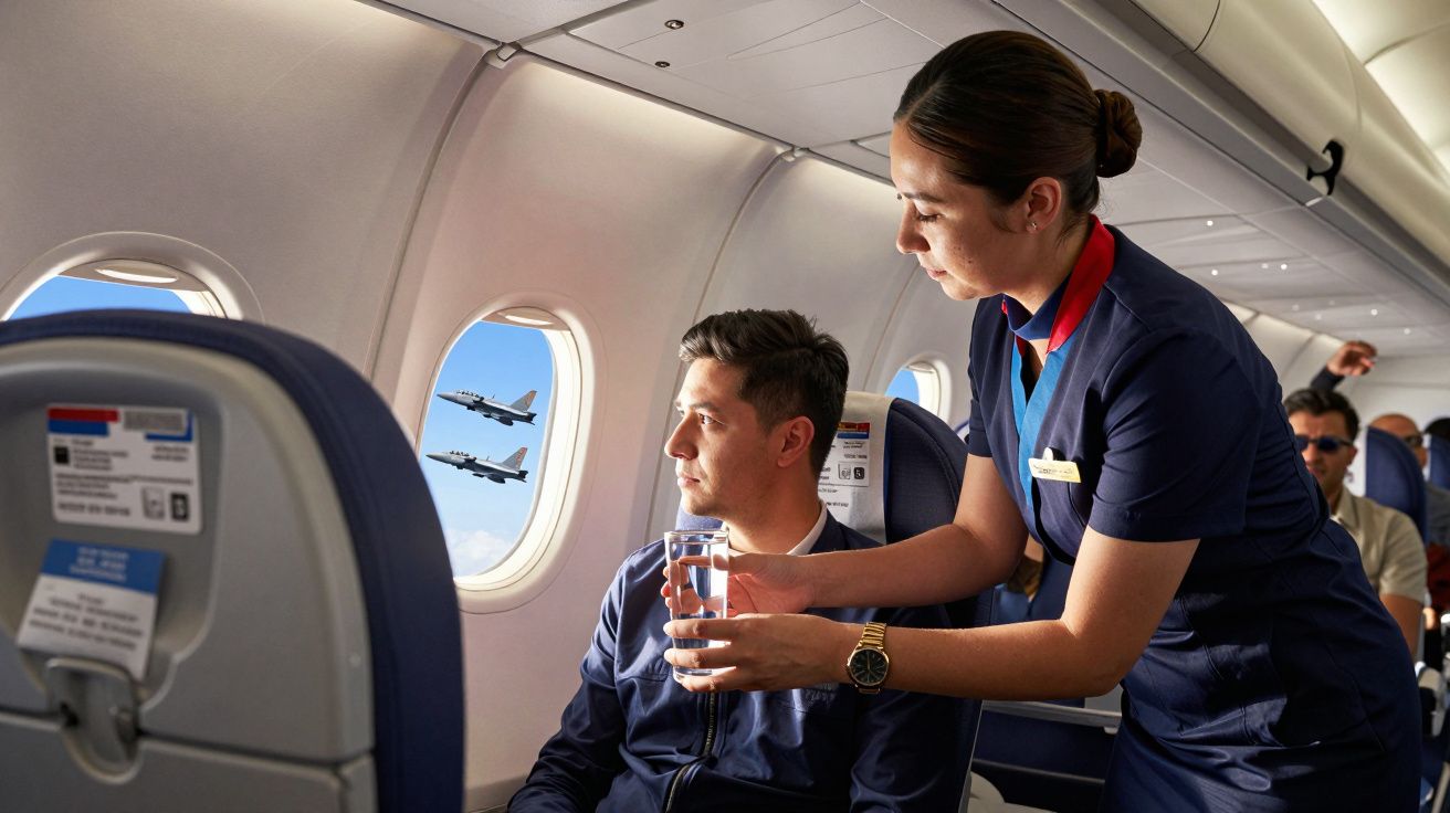 Flugbegleiterin reicht einem Passagier Wasser, während Flugzeuge außerhalb des Flugzeugfensters vorbeifliegen.