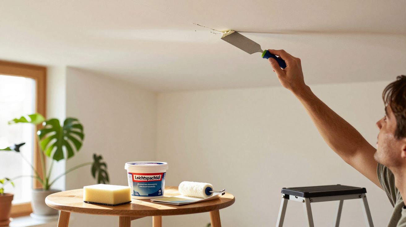 Eine Person spachtelt die Decke, auf einem Tisch stehen Farbe, Spachtelmasse, Schwamm und Walze.