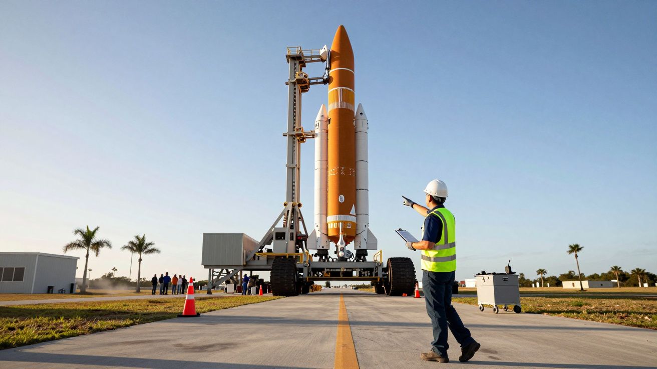 Ingenieur mit Helm überwacht den Transport einer großen Rakete auf einer mobilen Plattform bei klarem Himmel.
