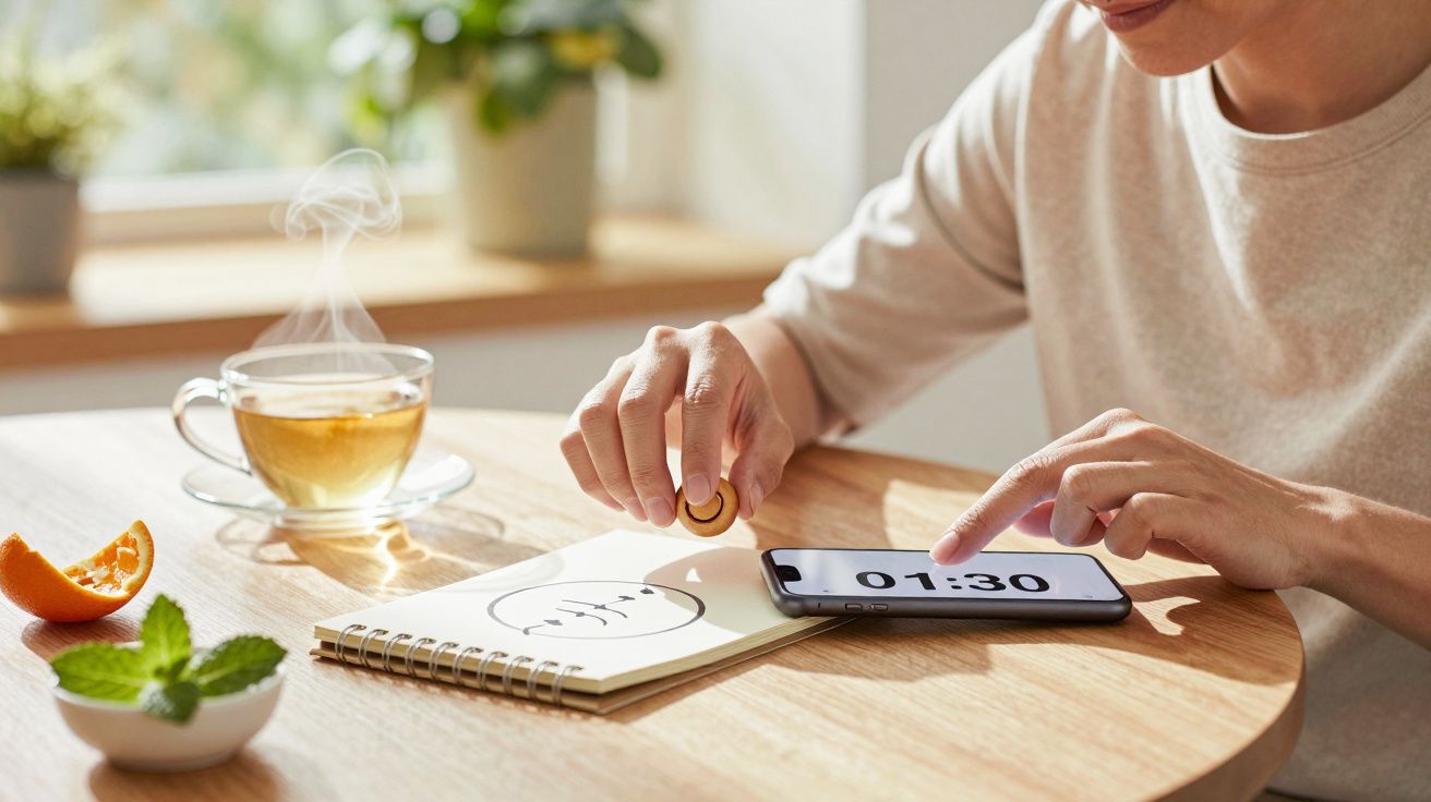 Person am Tisch stellt Timer auf Handy. Tee, Notizblock, Minze und Mandarine auf dem Tisch.