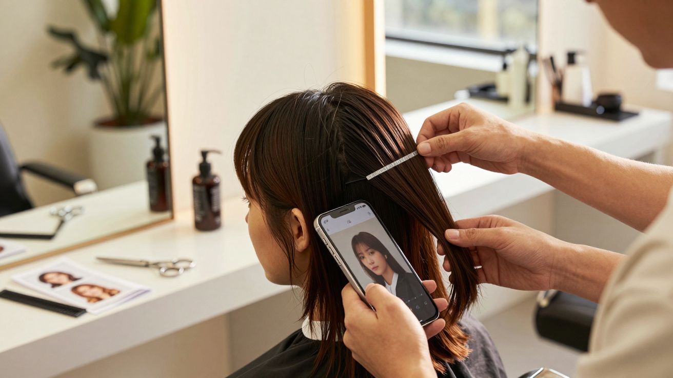 Friseursalon-Szene: Frau bekommt Haarschnitt, während Friseur Foto auf Handy als Referenz betrachtet.