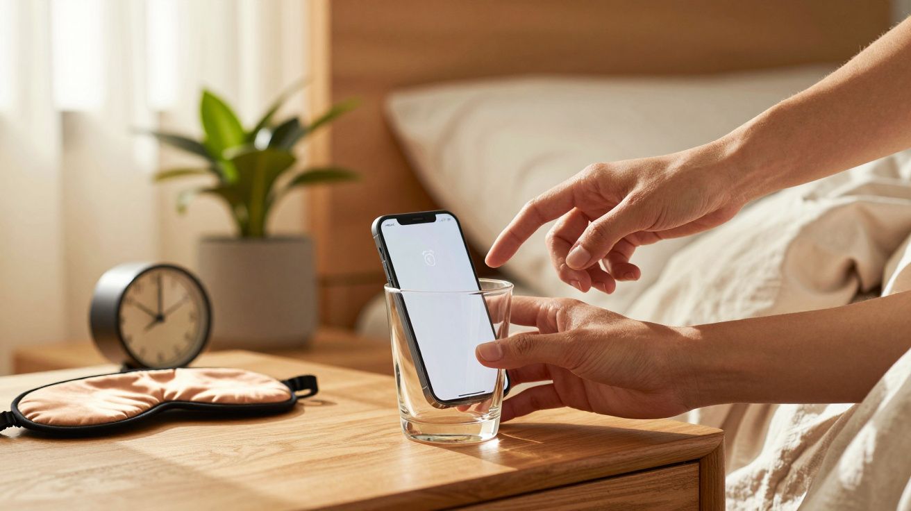 Eine Hand steckt ein Smartphone in ein Glas auf einem Nachttisch mit Wecker, Schlafmaske und Pflanze.