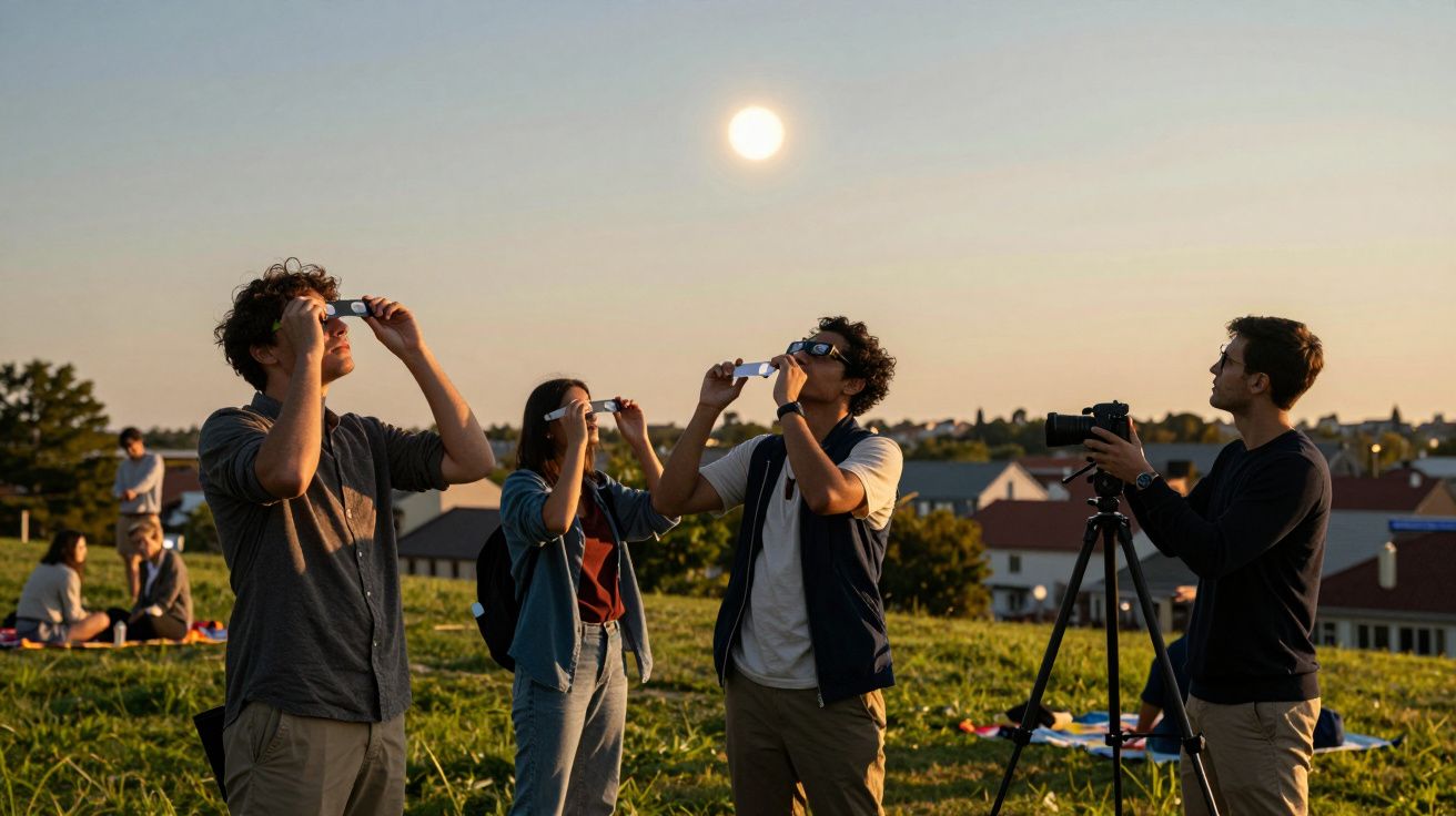 Personen auf Wiese beobachten mit speziellen Brillen den Himmel bei Sonnenuntergang; Kamera auf Stativ.