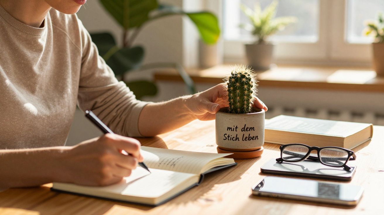 Person schreibt in Notizbuch, daneben Brille, Handy und Kaktus mit Topf-Aufschrift "mit dem Stich leben", im Hintergrund Pfla