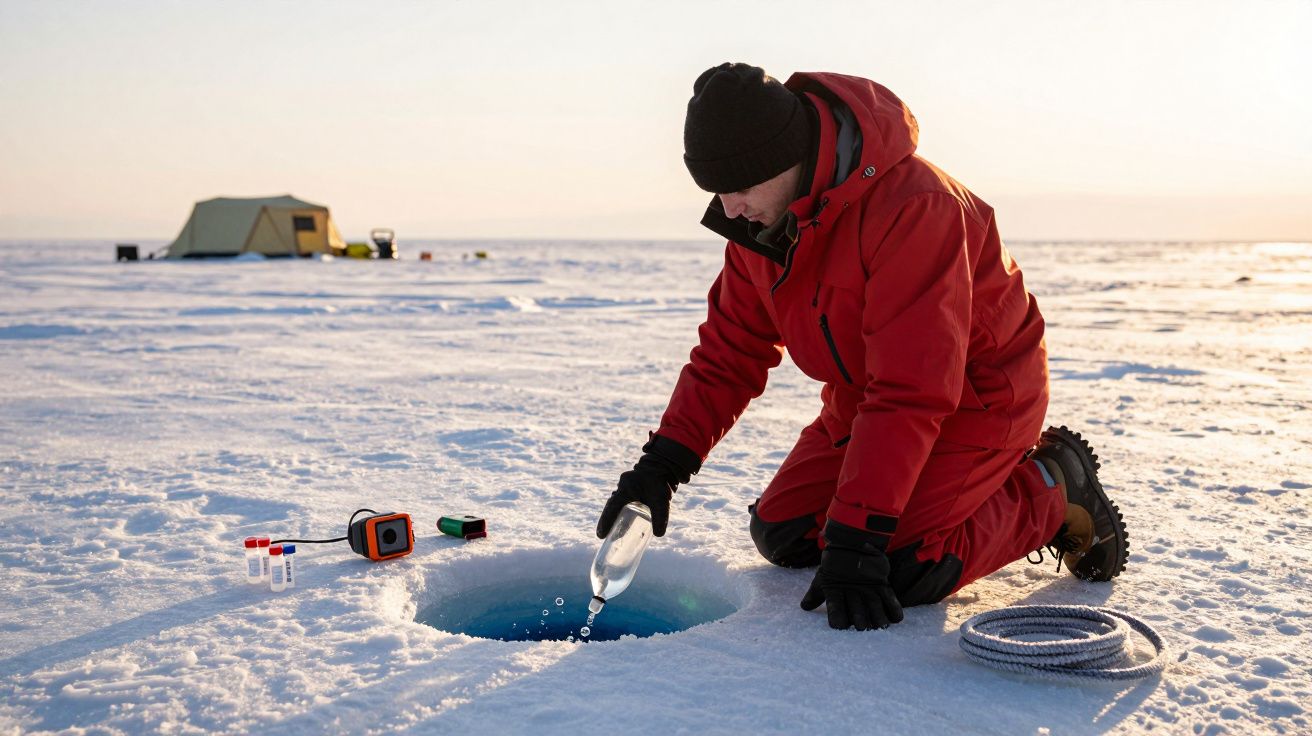 Person in rotem Anzug entnimmt Wasserprobe aus gefrorenem See. Ausrüstungsgegenstände und Zelt im Hintergrund.