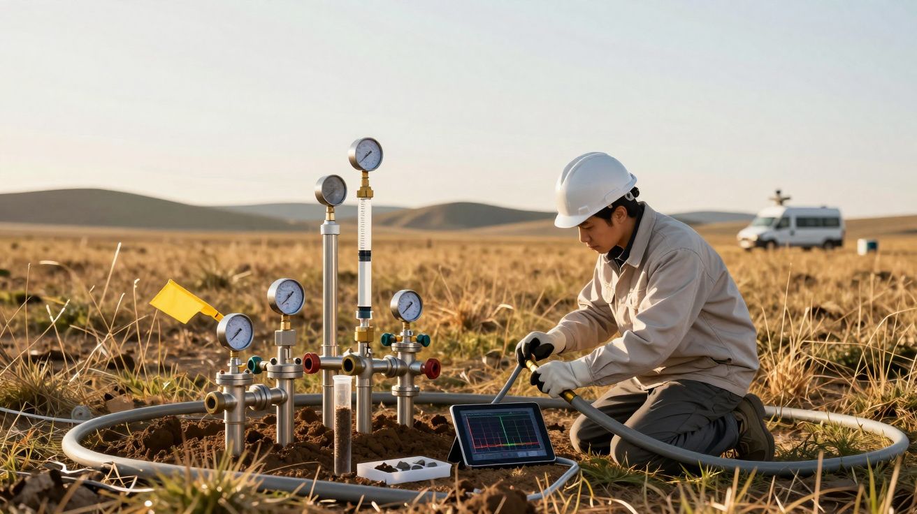 Ein Arbeiter mit Helm überprüft Messgeräte auf einem Feld; im Hintergrund ein Fahrzeug.