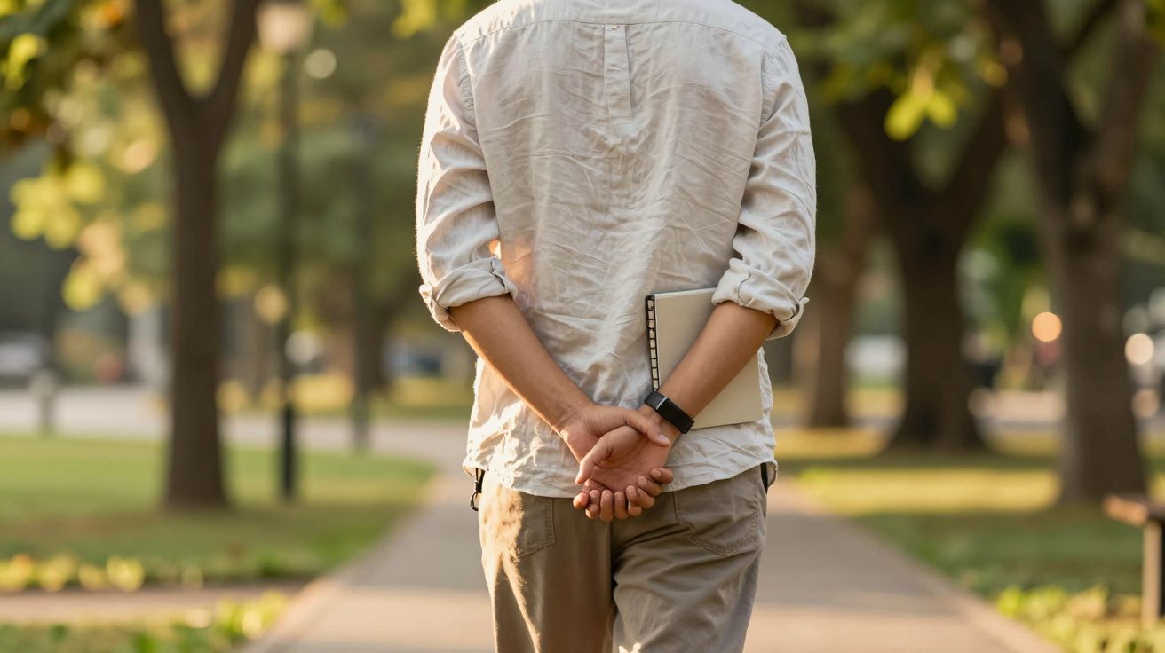 Person von hinten, spaziert auf einem Weg im Park, hält ein Buch hinter dem Rücken, umgeben von Bäumen und grünem Laub.