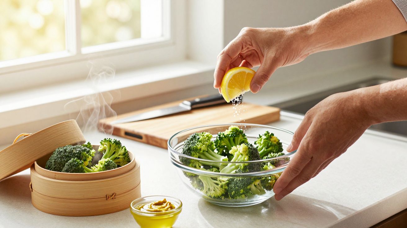 Eine Hand presst Zitrone über eine Schüssel Brokkoli auf einer Küchenarbeitsplatte. Links steht ein Dampfkorb mit Brokkoli.