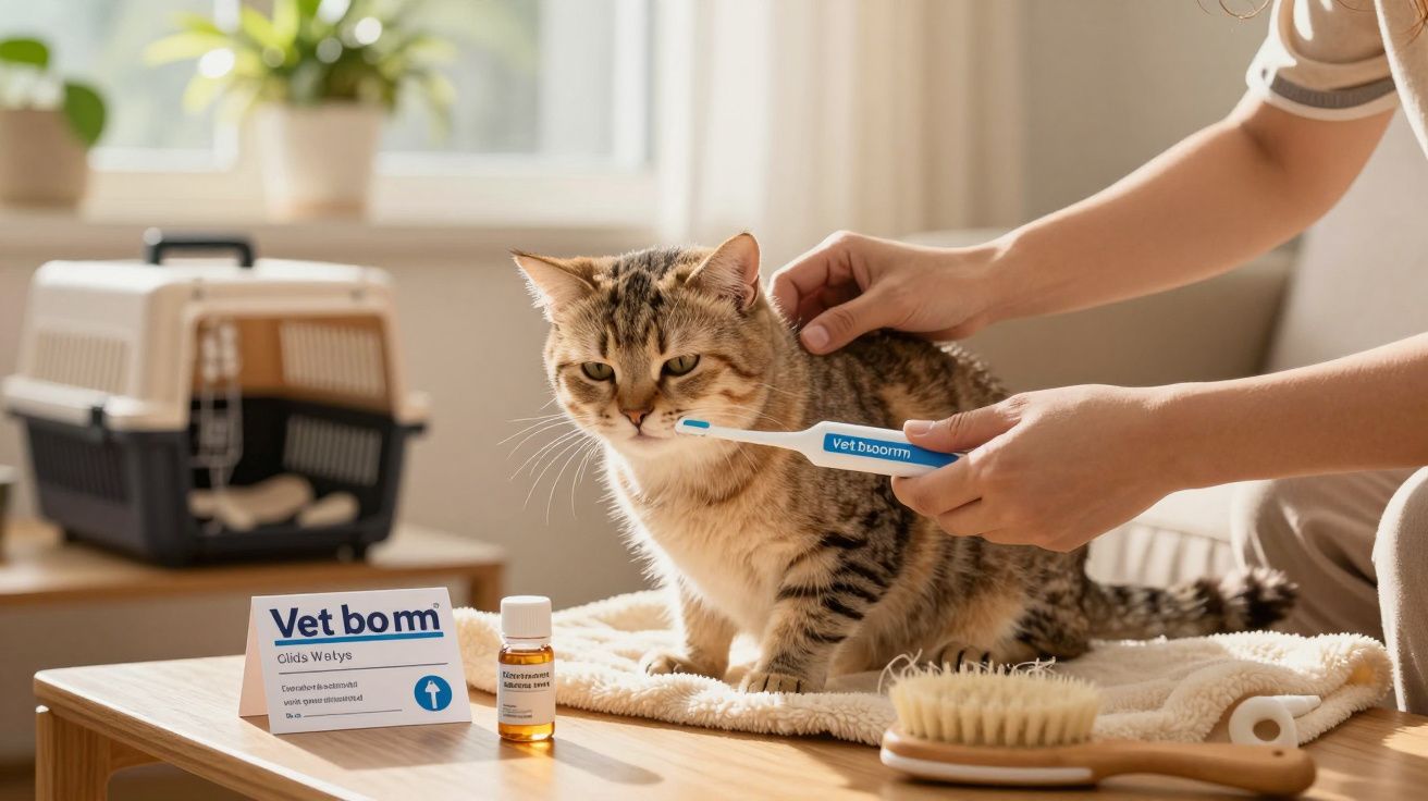Eine Person bürstet eine Katze mit einer Zahnbürste, während sie auf einem Tisch nahe einer Transportbox sitzt.