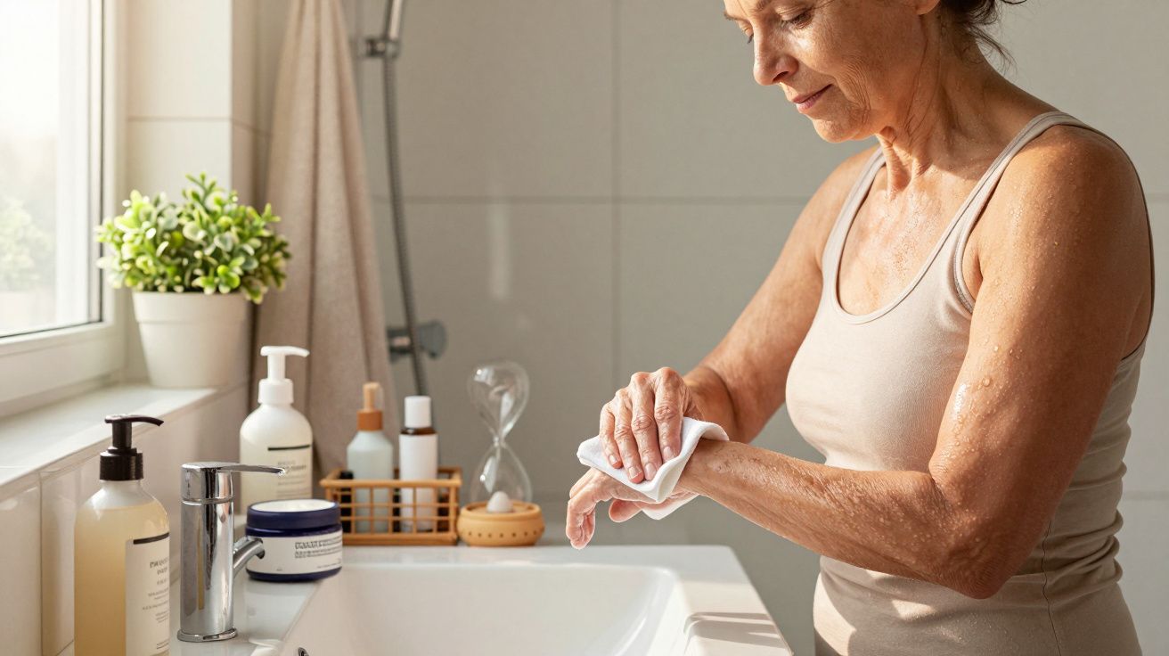 Ältere Frau reinigt Hände am Waschbecken, umgeben von Pflegeprodukten, Pflanzen und Handtuch.